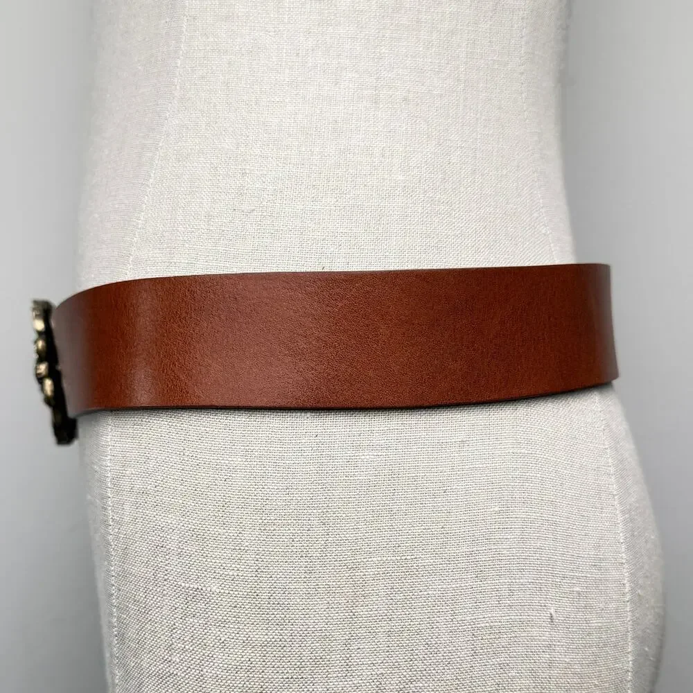 CAbi Floral Filigree Statement Buckle Leather Belt Brown Size M Boho Western